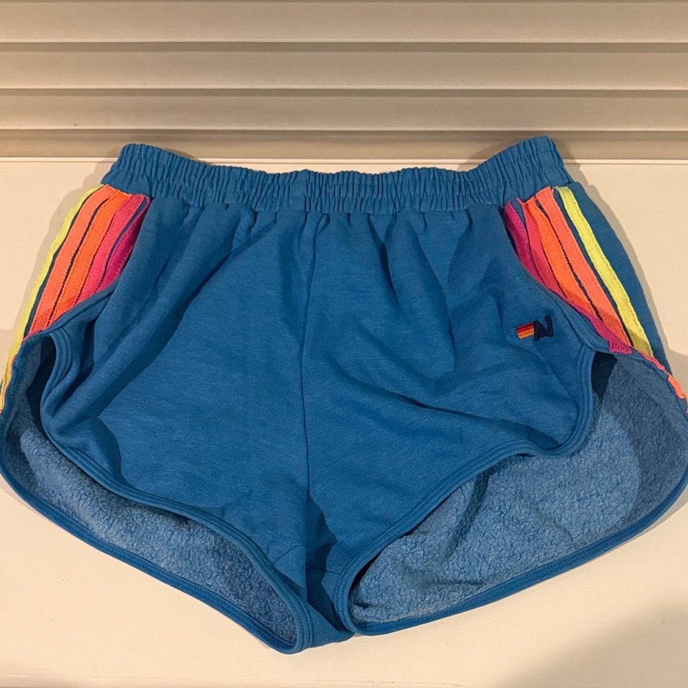 Aviator Nation Blue Shorts with Rainbow Accents
